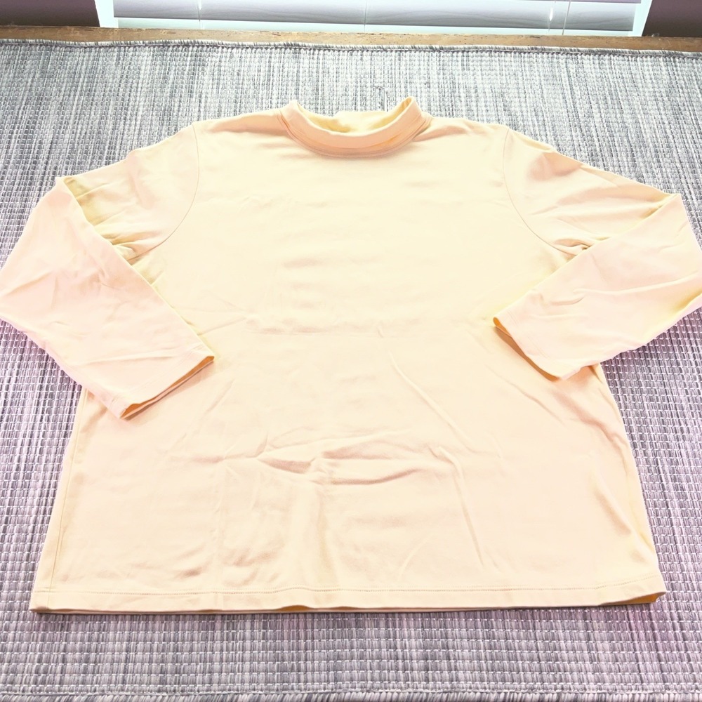 LL Bean Womens 1X Pale Yellow Mock Neck Top 100% Supima Cotton Long Sleeve 0YF15